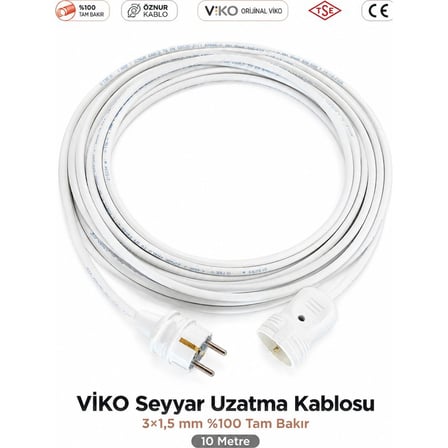 Viko Seyyar Uzatma Kablosu 10 Metre 3x1,5 mm %100 Tam Bakır Beyaz Topraklı