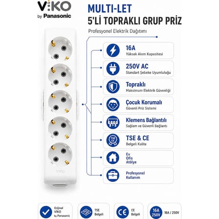 Viko by Panasonic 5'li Grup Priz 3 Metre 3x2.5 mm CCA Kablolu Uzatma Kablosu Beyaz Çocuk Korumalı Topraklı