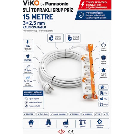 Viko 5'li Grup Priz Uzatma Kablosu 15 Metre 3x2.5 mm CCA Beyaz Topraklı Çocuk Korumalı
