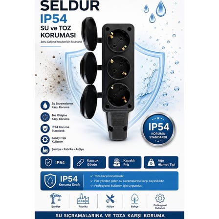 Seldur 3'lü Kauçuk Grup Priz Sanayi Tipi IP54 Topraklı Klemens Bağlantılı Kapaklı Siyah