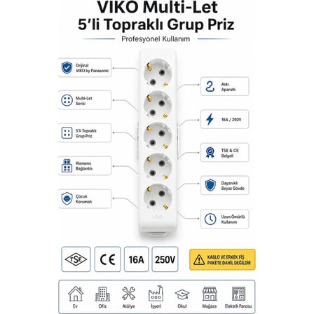 Viko Multi-Let 5'li Grup Priz Topraklı Çocuk Korumalı Beyaz 16A 250V