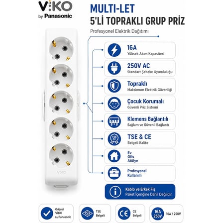Viko Multi-Let 5'li Grup Priz Topraklı Çocuk Korumalı Beyaz 16A 250V