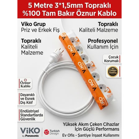 Viko 6'Lı Grup Priz 5 Metre - 3X1.5Mm   Bakır Öznur Kablolu Uzatma Kablosu Çocuk Korumalı & Ark Yapmaz