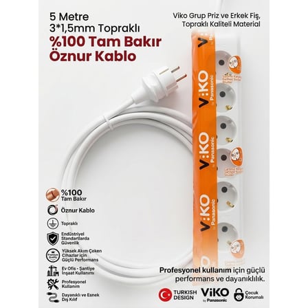 Viko 6'Lı Grup Priz 5 Metre - 3X1.5Mm   Bakır Öznur Kablolu Uzatma Kablosu Çocuk Korumalı & Ark Yapmaz