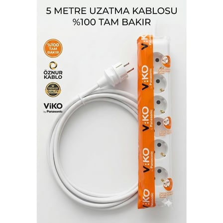 Viko 6'Lı Grup Priz 5 Metre - 3X1.5Mm   Bakır Öznur Kablolu Uzatma Kablosu Çocuk Korumalı & Ark Yapmaz