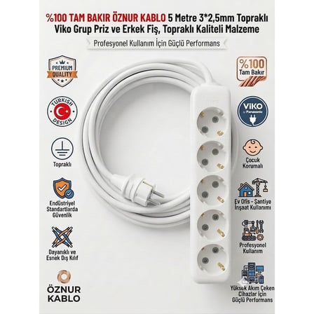 Viko 5'Li Grup Priz 5 Metre - 3X2.5Mm   Bakır Öznur Kablolu Uzatma Kablosu (İsıtıcı & Beyaz Eşya Uyumlu)