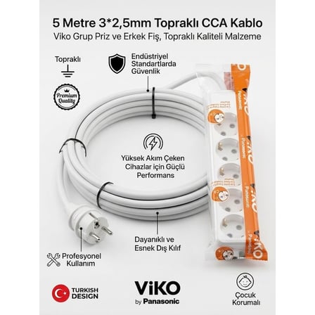 Viko 5'li Grup Priz ve 5 Metre Uzatma Kablosu, 3x2.5mm CCA Beyaz, Topraklı ve Çocuk Korumalı