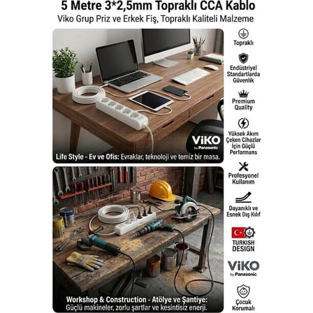 Viko 5'li Grup Priz ve 5 Metre Uzatma Kablosu, 3x2.5mm CCA Beyaz, Topraklı ve Çocuk Korumalı