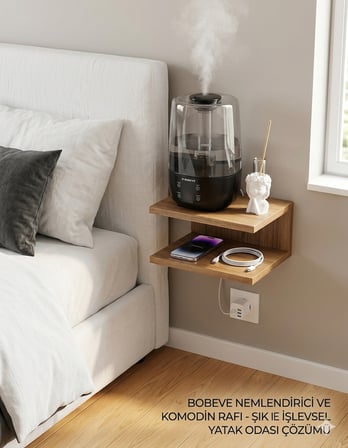 25x25 Duvara Monte Ceviz Raf Komodin Yan Sehpa 2 Katlı MDF Raf