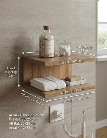 25x25 Duvara Monte Ceviz Raf Komodin Yan Sehpa 2 Katlı MDF Raf