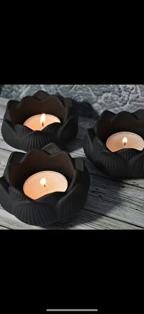 Siyah Lotus Şeklinde Taş Tozu Tealight Mum ve Mumluk Seti – Modern ve Şık Dekoratif Ürün