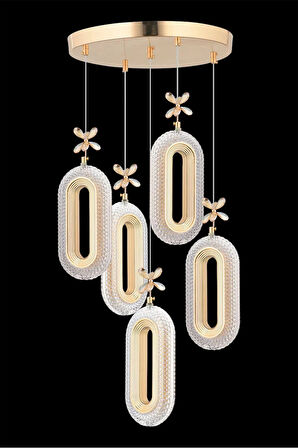 Alfa Led 5'li Gold 3 Renk Ledli Kristal Taşlı Modern Led Avize