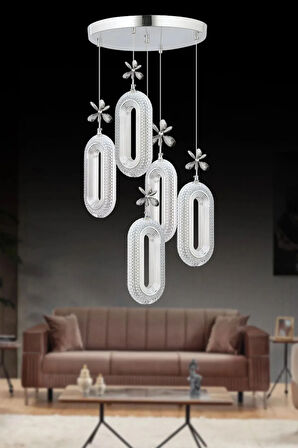 Led Alfa 5'li Gümüş 3 Renk Ledli Kristal Taşlı Modern Led Avize