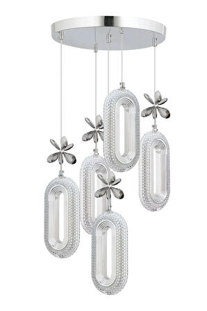 Led Alfa 5'li Gümüş 3 Renk Ledli Kristal Taşlı Modern Led Avize