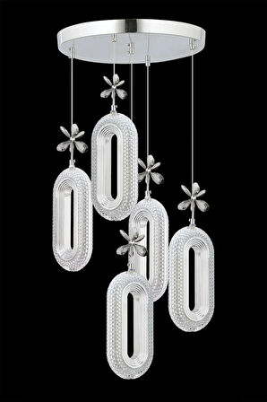 Led Alfa 5'li Gümüş 3 Renk Ledli Kristal Taşlı Modern Led Avize