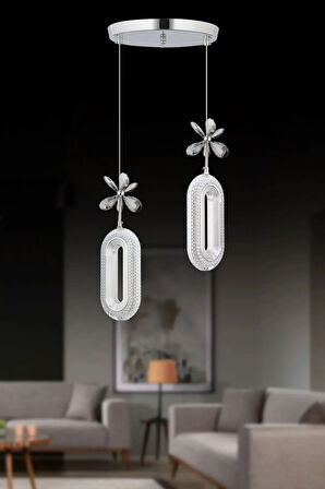 Led Alfa 2'li Gümüş 3 Renk Ledli Kristal Taşlı Modern Led Avize