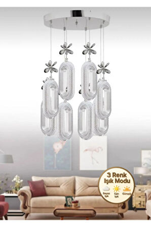 Alfa Led 8'li Krom 3 Renk Modu Ledli Kristal Taşlı Modern Led Avize