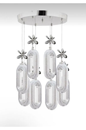 Alfa Led 8'li Krom 3 Renk Modu Ledli Kristal Taşlı Modern Led Avize