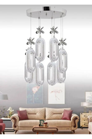 Alfa Led 8'li Krom 3 Renk Modu Ledli Kristal Taşlı Modern Led Avize