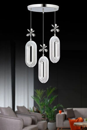 Led Alfa 3'lü Gümüş Kumandalı 3 Renk Ledli Kristal Taşlı Modern Led Avize