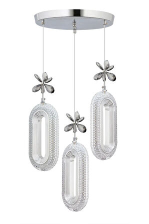 Led Alfa 3'lü Gümüş Kumandalı 3 Renk Ledli Kristal Taşlı Modern Led Avize