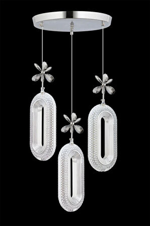 Led Alfa 3'lü Gümüş Kumandalı 3 Renk Ledli Kristal Taşlı Modern Led Avize