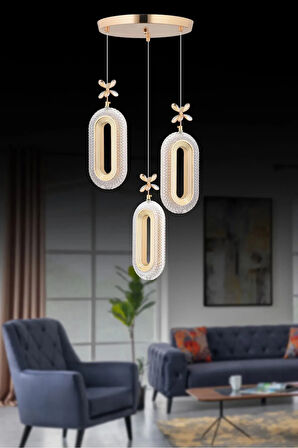 Led Alfa 3'li Gold 3 Renk Ledli Kristal Taşlı Modern Led Avize