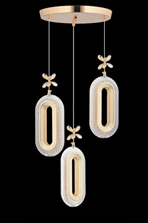 Led Alfa 3'li Gold 3 Renk Ledli Kristal Taşlı Modern Led Avize