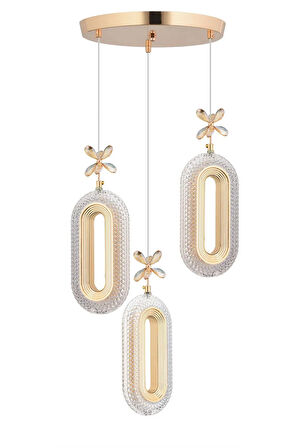 Led Alfa 3'li Gold 3 Renk Ledli Kristal Taşlı Modern Led Avize