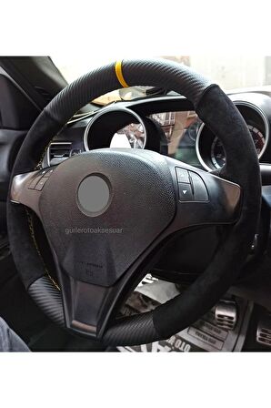Alfa Romeo Uyumlu Dikmeli Direksiyon Kılıfı Alkantra-karbon Sarı Yüzüklü
