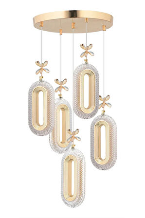 Alfa Led 5'li Gold  3 Renk Ledli Kristal Taşlı Modern Led Avize