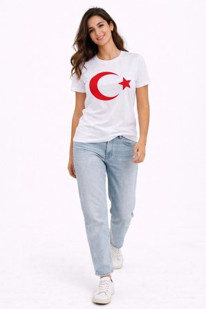 Kadın T-Shirt Kısa Kol Bisiklet Yaka Ay Yıldız Bayrak Baskılı Tişört - Beyaz