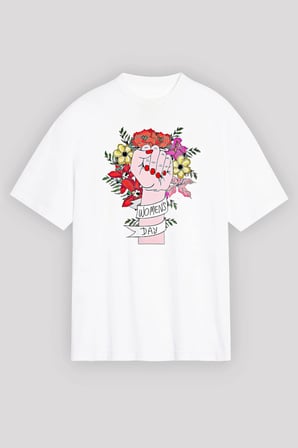 8 Mart Dünya Kadınlar Günü Baskılı Oversize Bisiklet Yaka T-shirt - Beyaz