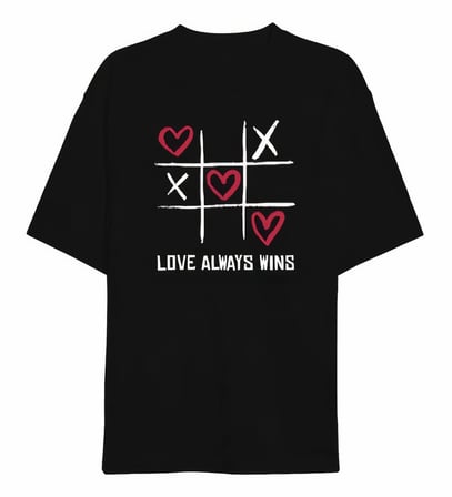 14 Şubat Sevgililer Günü Love Always Wins Baskılı Oversize Bisiklet Yaka T-shirt - Siyah