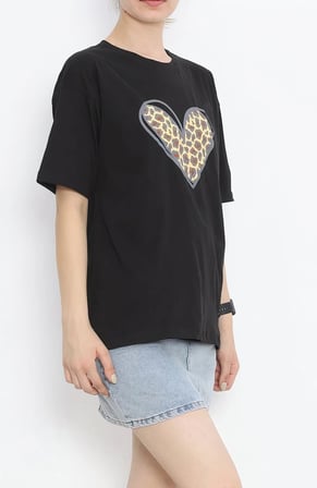 14 Şubat Sevgililer Günü Leopar Kalp Baskılı Oversize Bisiklet Yaka T-shirt - Siyah