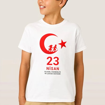 Çocuk 23 Nisan Ulusal Egemenlik ve Çocuk Bayramı Baskılı Bisiklet Yaka T-shirt - Beyaz