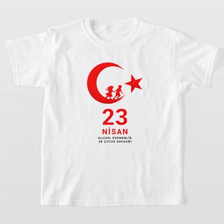 Çocuk 23 Nisan Ulusal Egemenlik ve Çocuk Bayramı Baskılı Bisiklet Yaka T-shirt - Beyaz