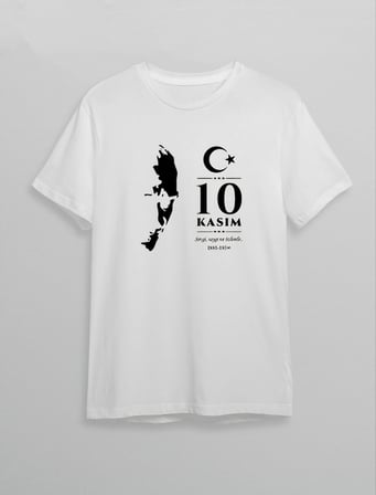 10 Kasım Atatürk Anma Günü Silüet Baskılı Oversize Bisiklet Yaka T-shirt - Beyaz