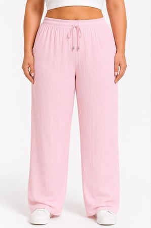 Kadın Battal Beden Bürümcük Kumaş Beli Lastikli Bağcıklı Bol Paça Palazzo Pantolon - Pembe