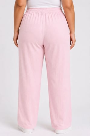 Kadın Battal Beden Bürümcük Kumaş Beli Lastikli Bağcıklı Bol Paça Palazzo Pantolon - Pembe