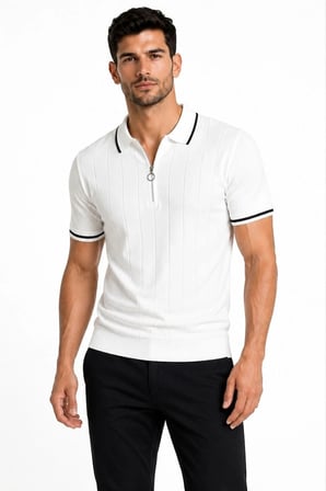 Erkek Fitilli Triko T-shirt Polo Yaka Yarım Fermuarlı Kısa Kollu Tişört - Beyaz