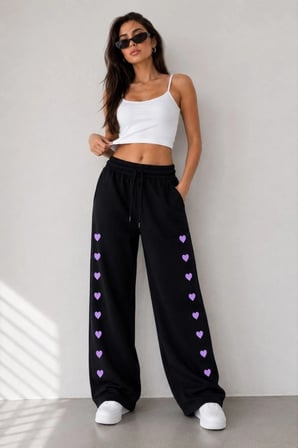 Kadın Osy Modal Yumuşak Dokulu Nakışlı Cepli Oversize Bol Paça Eşofman Altı - Siyah