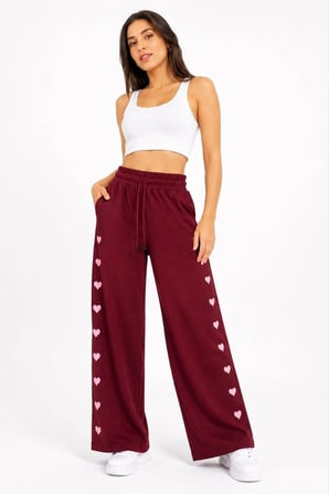Kadın Osy Modal Yumuşak Dokulu Nakışlı Cepli Oversize Bol Paça Eşofman Altı - Bordo
