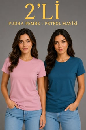 Kadın Basic Bisiklet Yaka Yazlık Slim fit T-Shirt - Pudra Pembe & Petrol Mavi