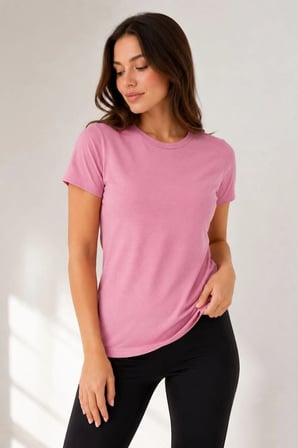 Kadın Basic Bisiklet Yaka Yazlık Slim fit T-Shirt - Pudra Pembe & Petrol Mavi