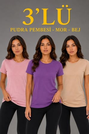Kadın 3’lü Kısa Kollu Bisiklet Yaka Basic Slim Fit T-Shirt - Pudra Pembe - Mor - Bej