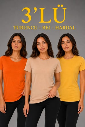 Kadın 3’lü Kısa Kollu Bisiklet Yaka Basic Slim Fit T-Shirt - Turuncu - Bej - Hardal