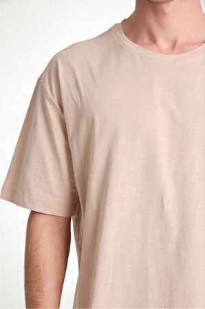 Erkek 24/1 Düz A Kalite Oversize T-shirt - Bej