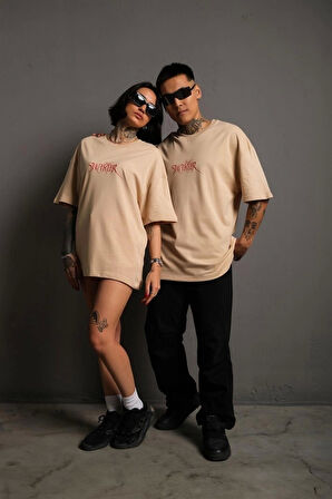 Erkek Sırt Baskılı Oversize T-shirt - Bej