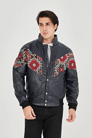 Erkek İçi Astarlı İçten Yaka Kısmı Peluşlu Suni Kumaş Vintage Ceket - Lacivert